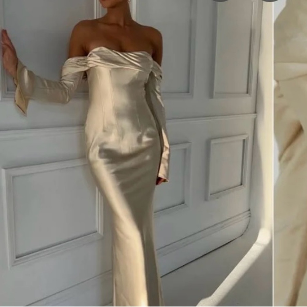 Meshki Cream Off-Shoulder Maxi Gown
